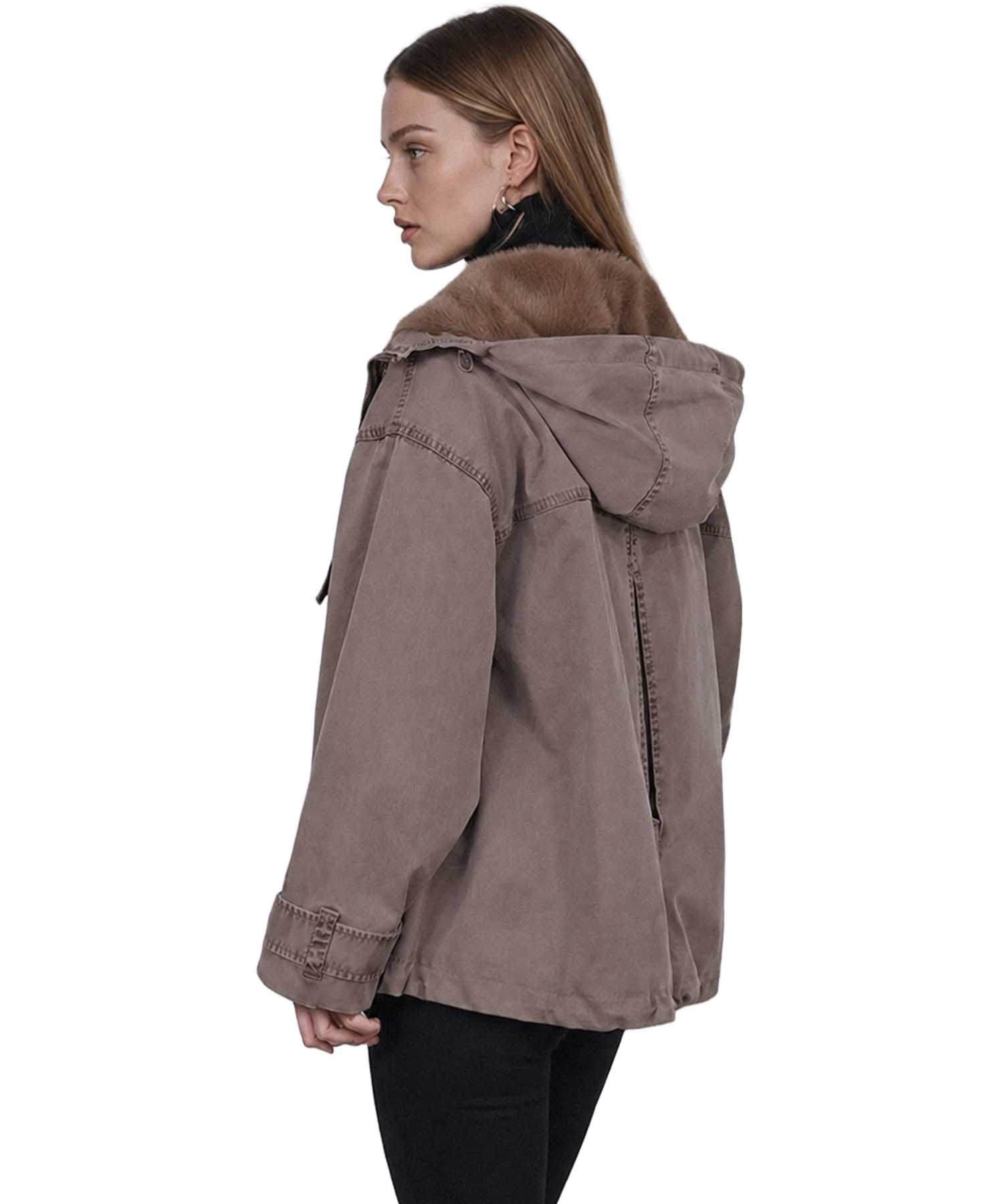Blonde No. 8 Jacke Bella in Taupe mit Webpelz-Kapuze