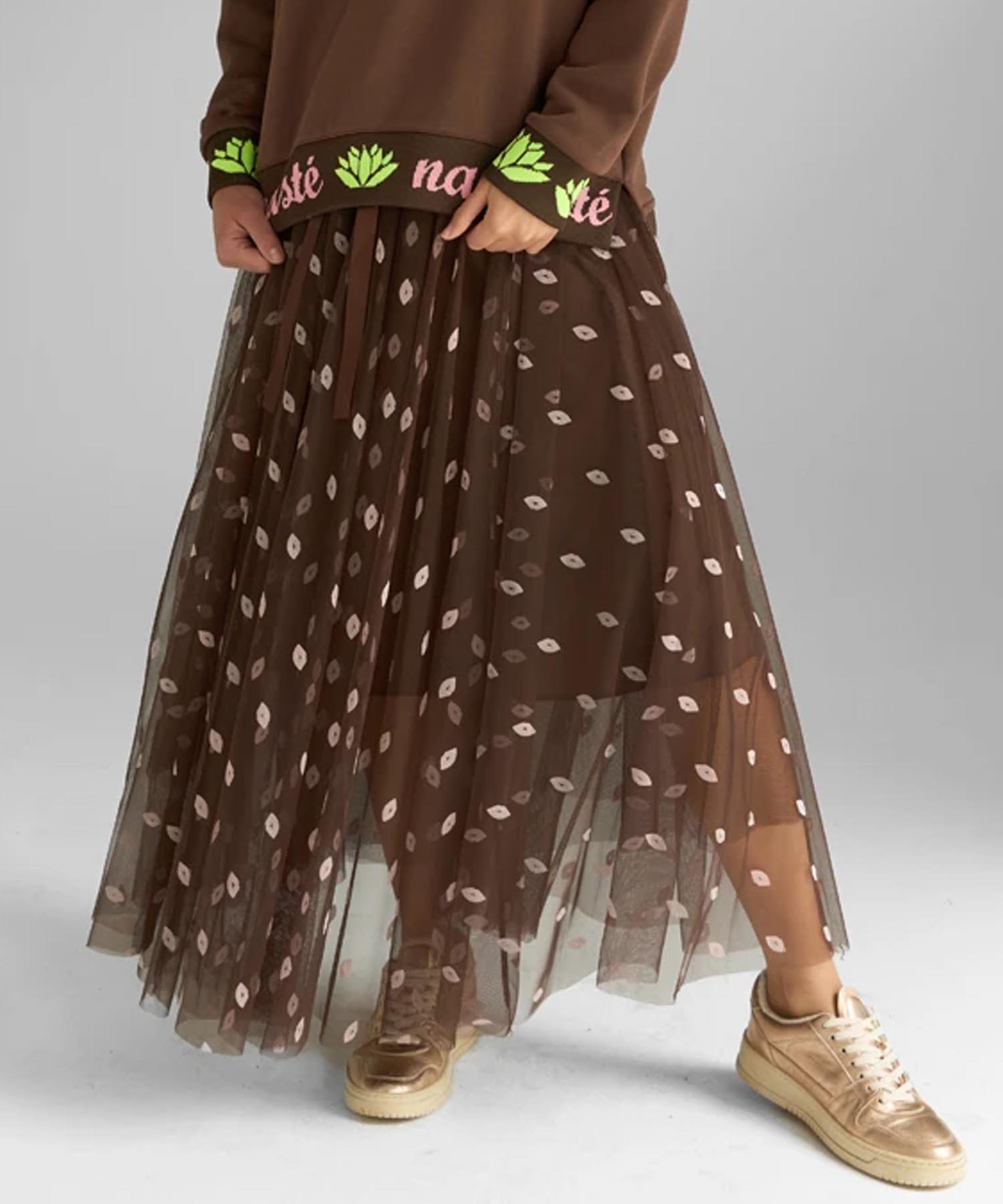 Miss Goodlife Maxirock Tüll Hearts allover in braun