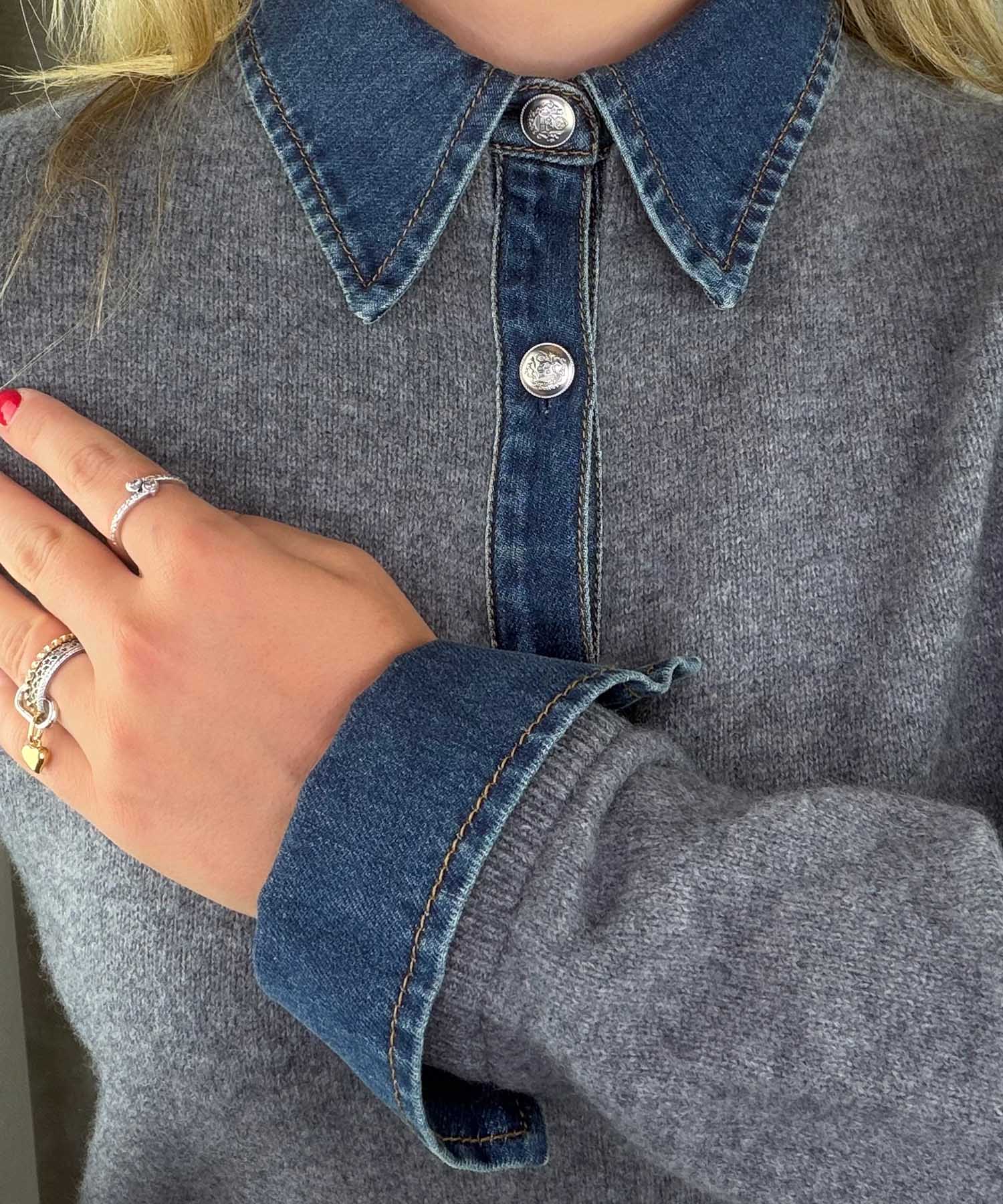 Leo & Ugo Wollpullover in Grau mit Denim-Details | Modehaus Wörmann