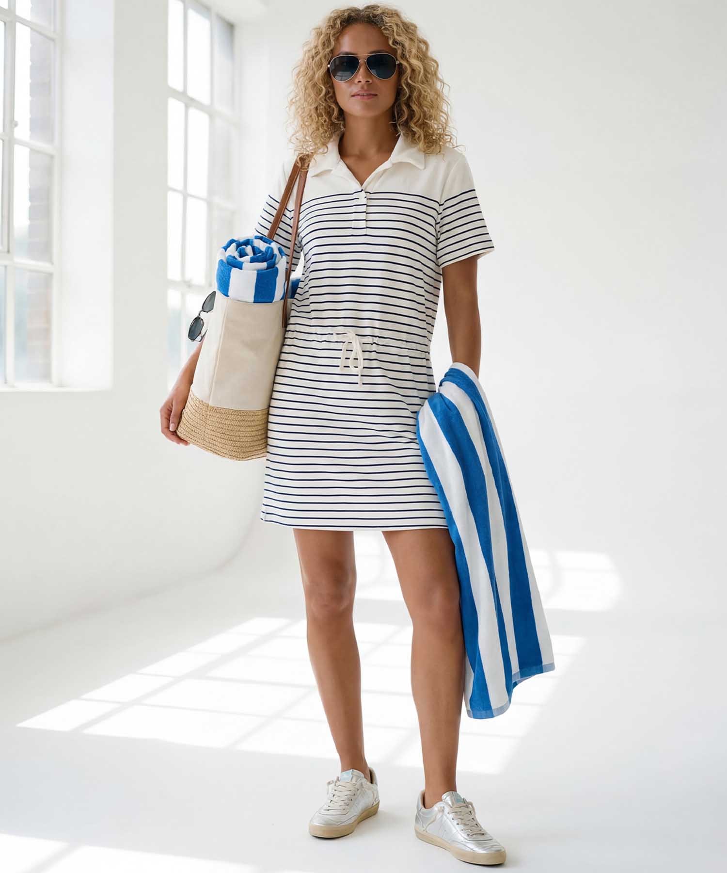 You Too Frottier-Kleid Sara mit Polokragen in Dunkelblau-Weiß | Modehaus Wörmann
