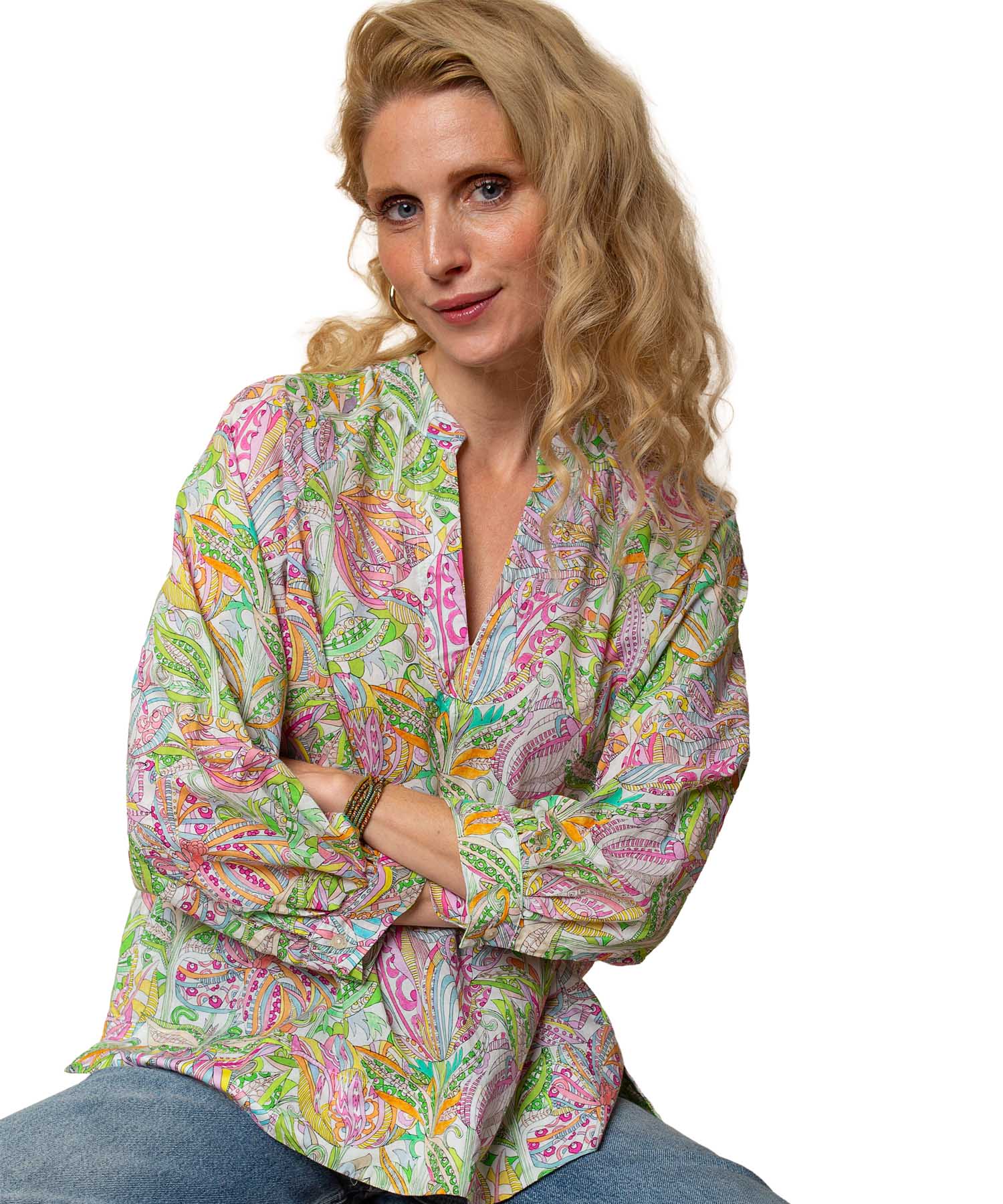 Emily van den Bergh Tunika Bluse aus reiner Baumwolle mit Multicolour Print | Modehaus Wörmann