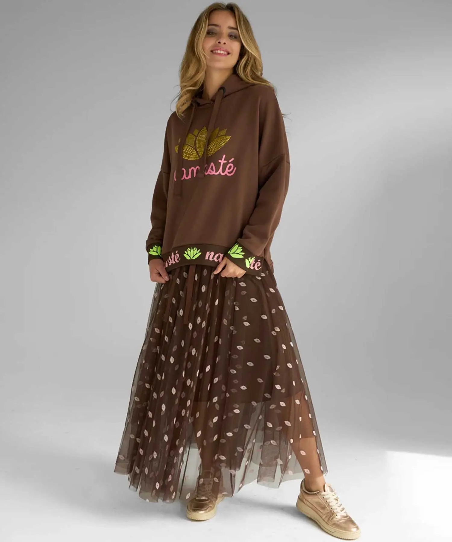 Miss Goodlife Hoodie Namasté Strass in braun