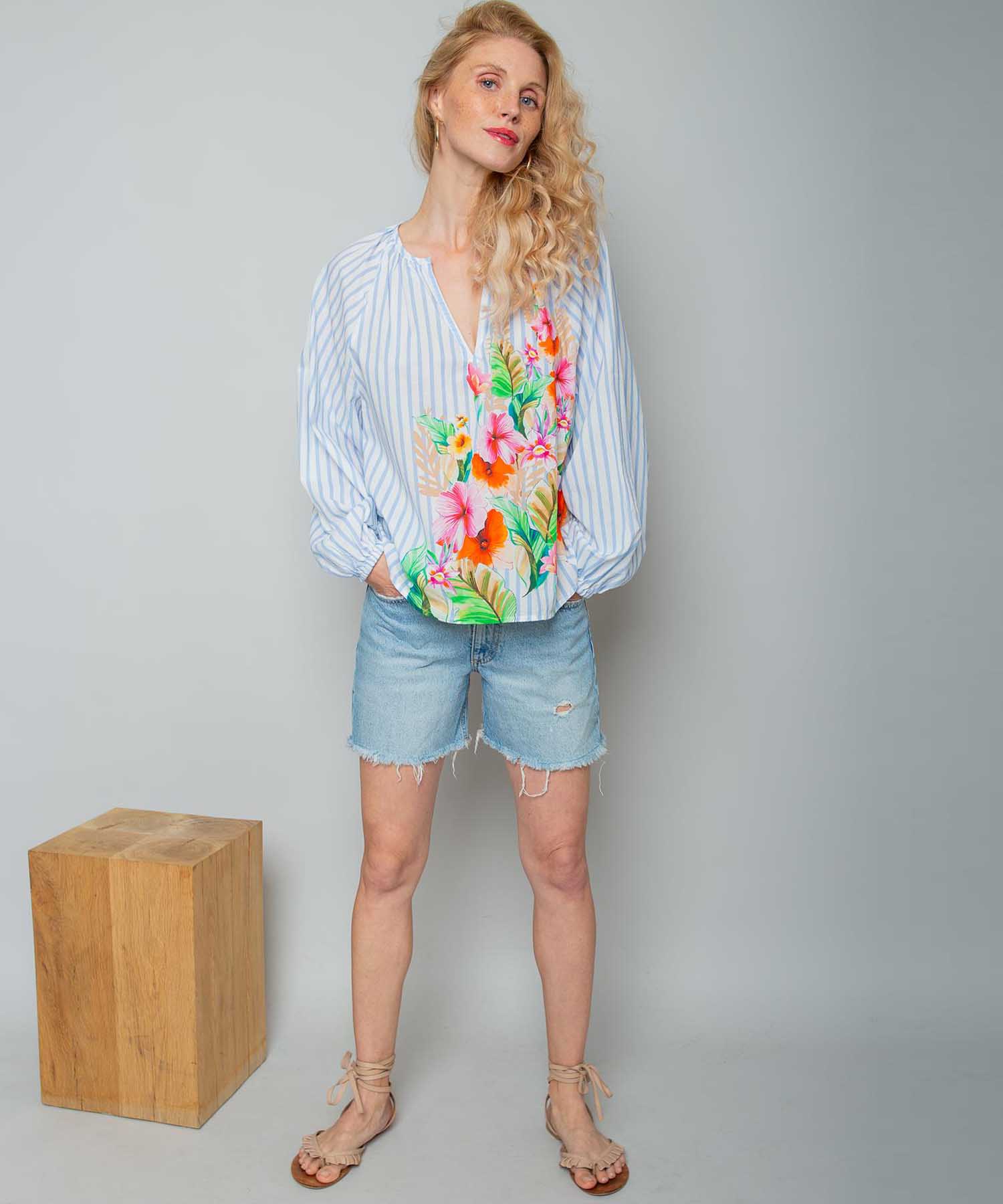 Emily van den Bergh Shirtbluse aus reiner Baumwolle mit Blumenprint und Streifen | Modehaus Wörmann