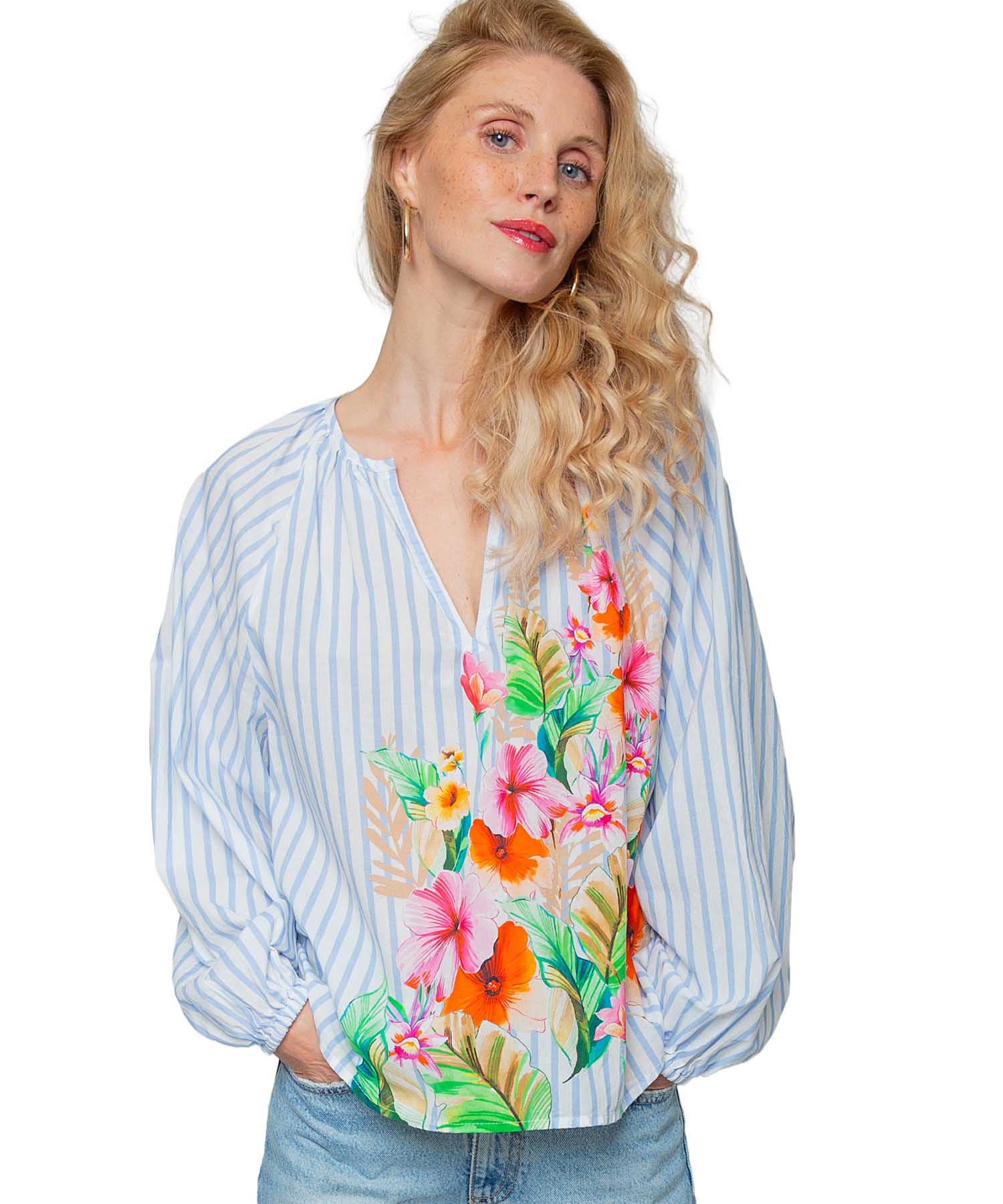 Emily van den Bergh Shirtbluse aus reiner Baumwolle mit Blumenprint und Streifen | Modehaus Wörmann