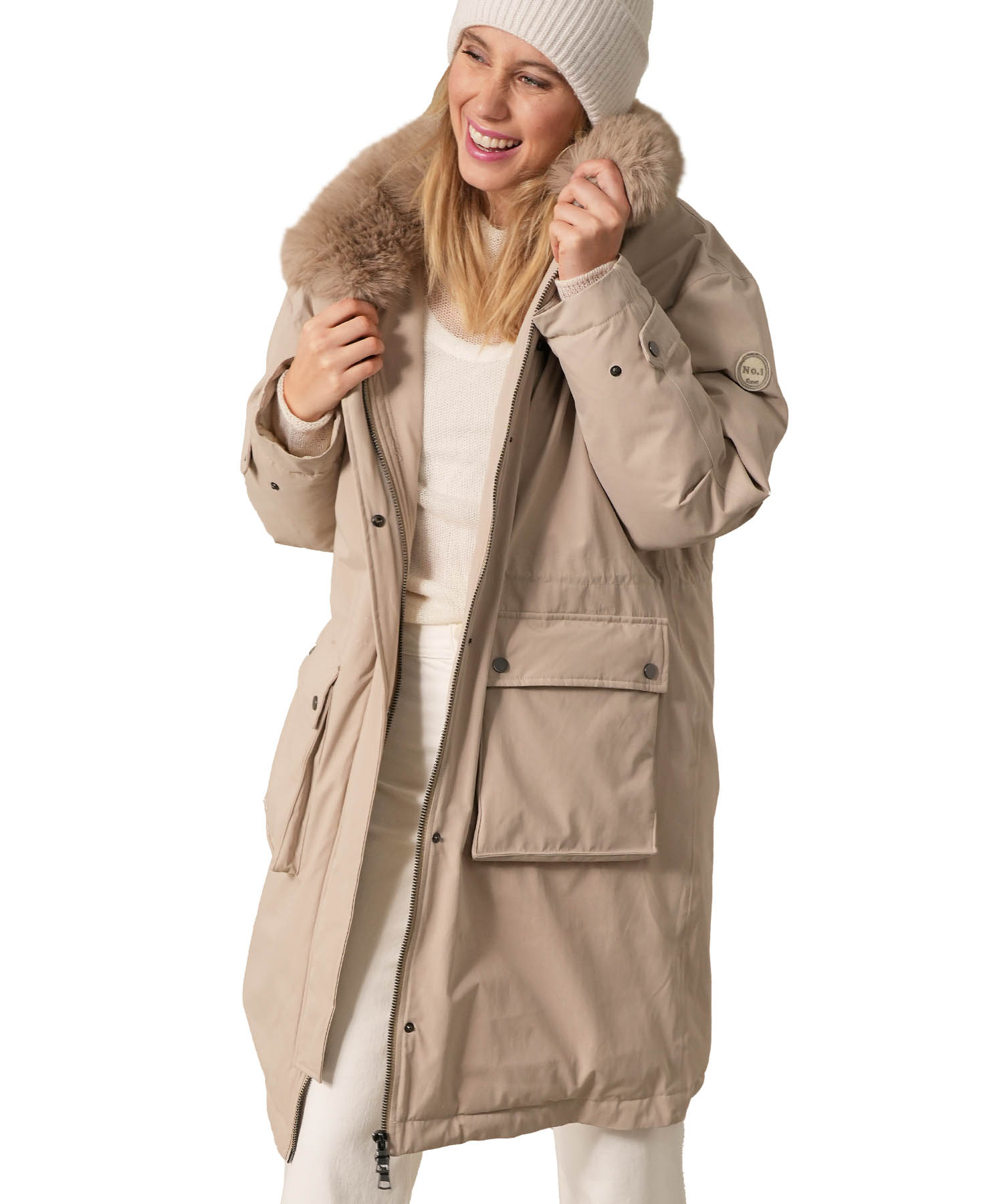 Como Parka in sand mit Webpelzbesatz