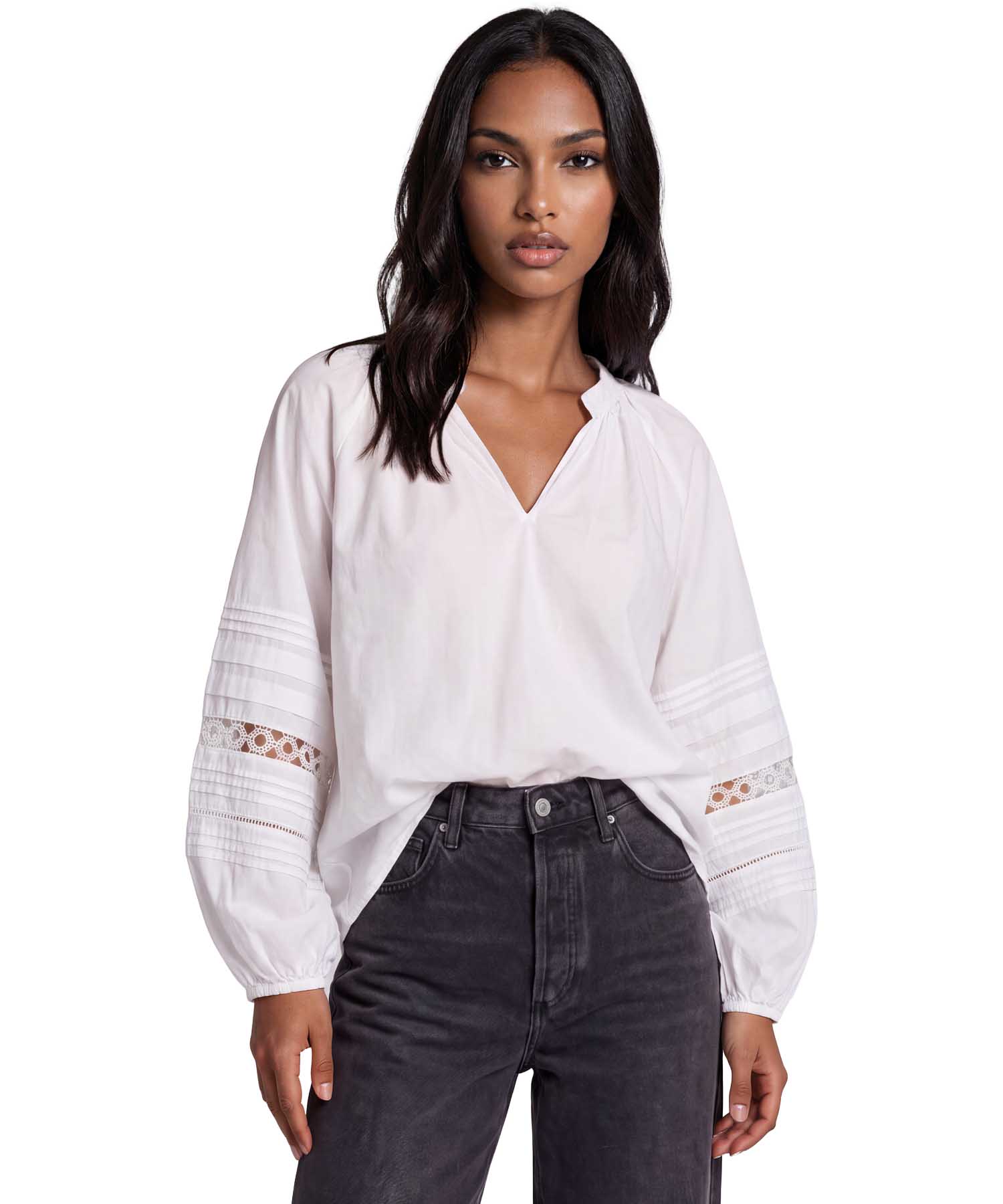 NARLI COLLECTION Baumwollbluse in Weiß mit Spitze und Biesen