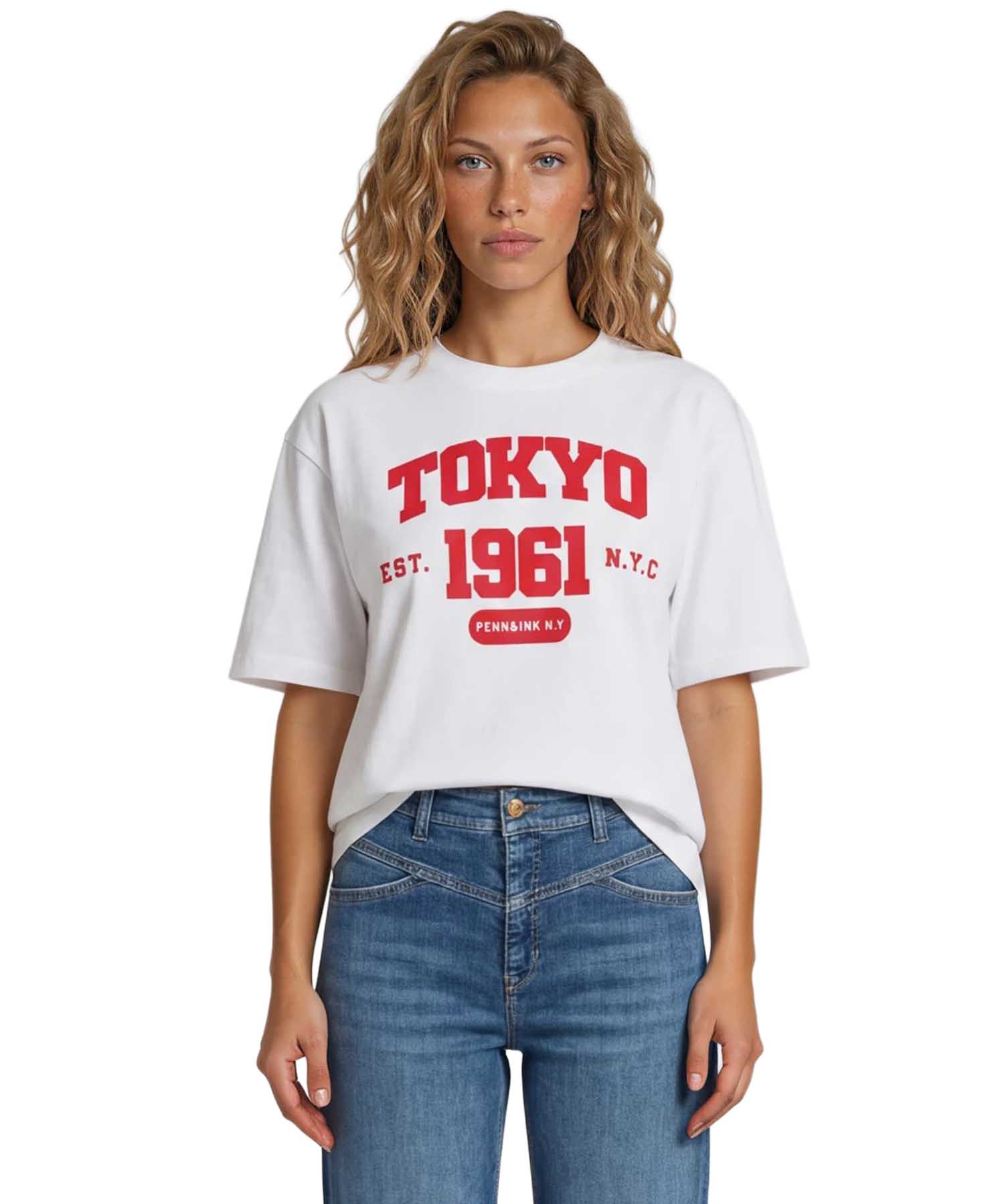 PENN&INK N.Y Damen Shirt Weiss mit Logo-Print in Rot