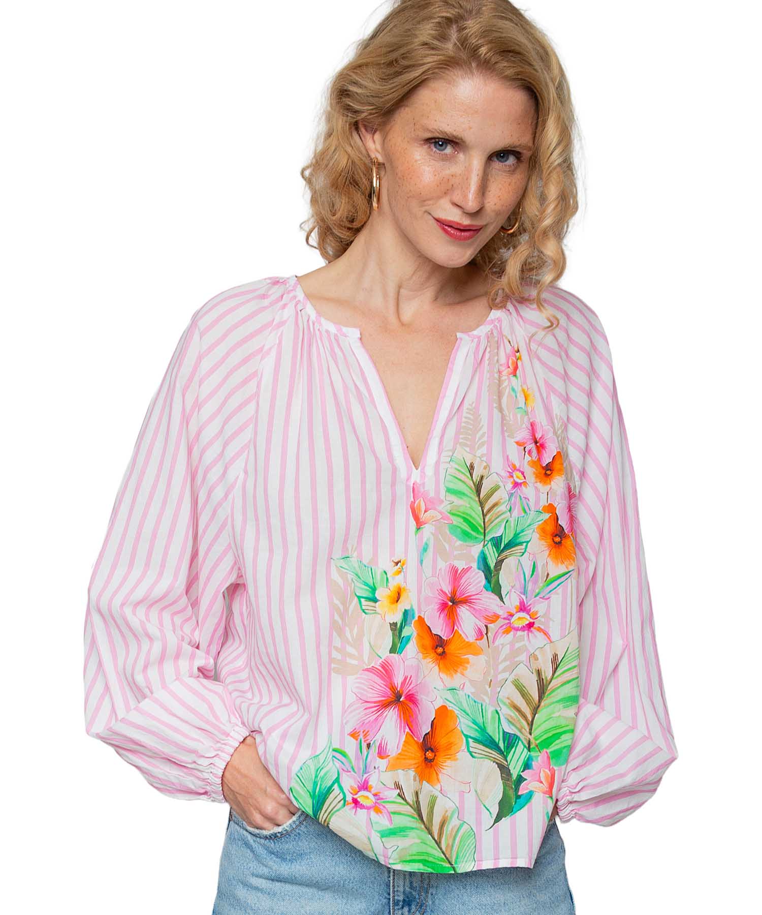 Emily van den Bergh Damenbluse mit Streifen und Flower-Print